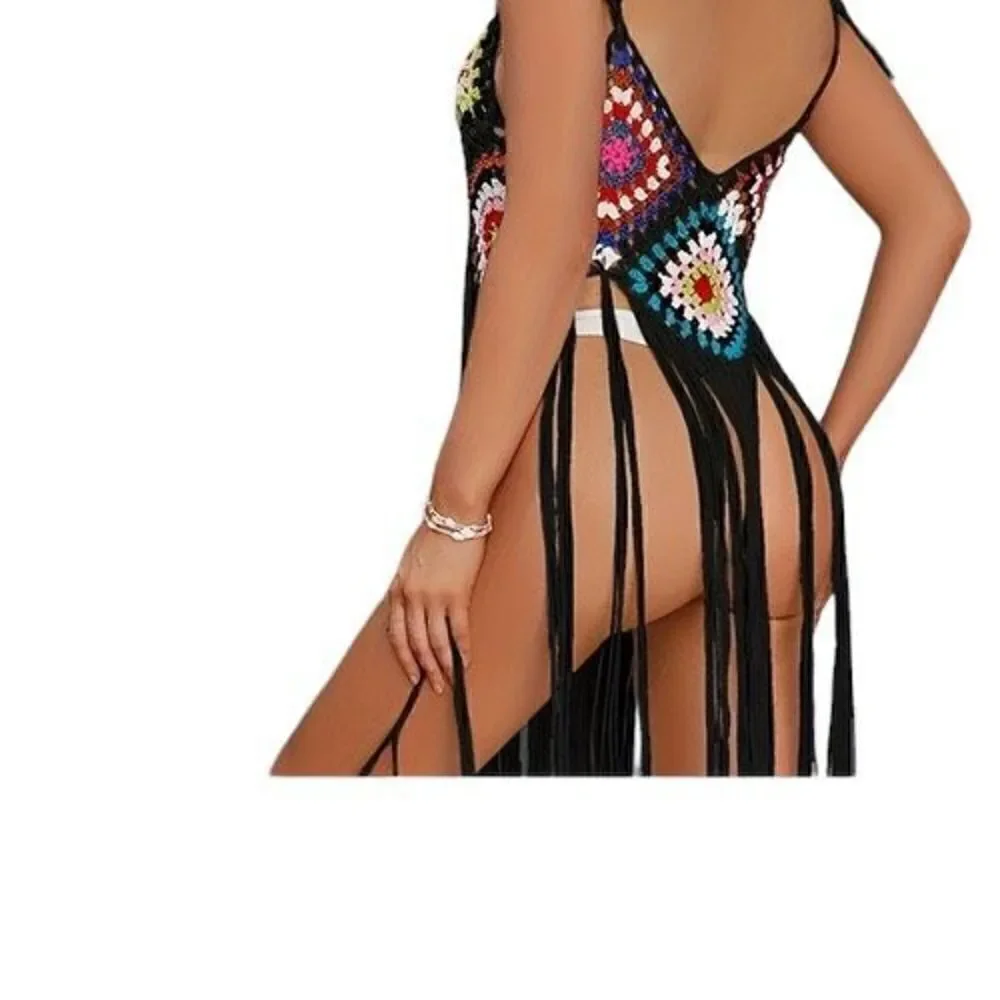 Handmade Women's Black Crochet Bohemia Long Fringe Tassel Beach Cover Dress